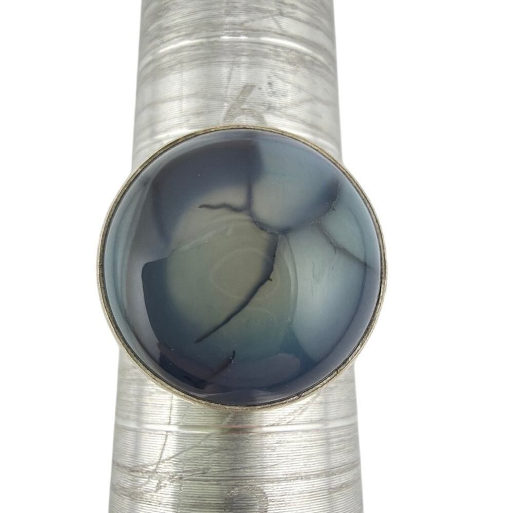 Grey Dendritic Moss Agate Smooth Round Cabochon 925 Sterling Silver Ring Size 7